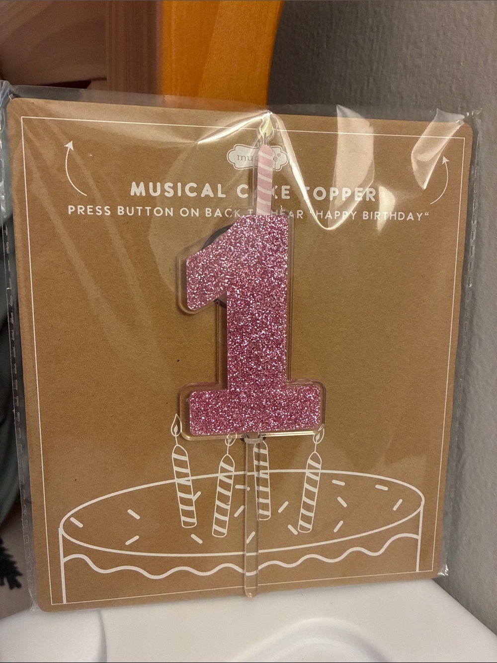 Mud Pie Pink Glitter Number 1 Musical Cake Topper